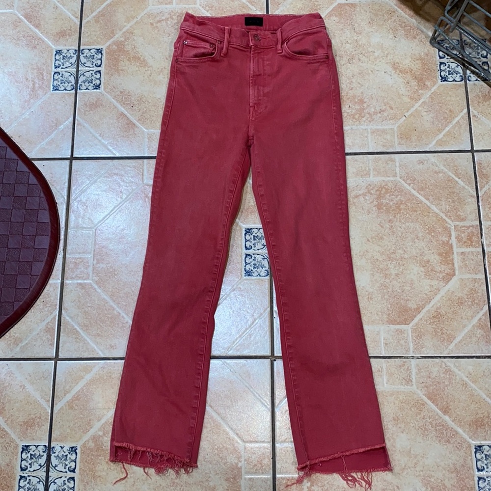 MOTHER Red Straight-Leg Jeans with Frayed Hem